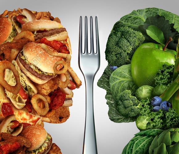 营养决定概念和饮食选择在健康良好的新鲜水果和蔬菜或油腻的胆固醇